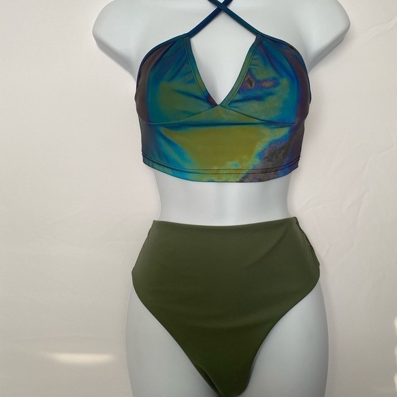 Iridescent Green & Blue Bikini Top & Green Bottom - Picture 1 of 12